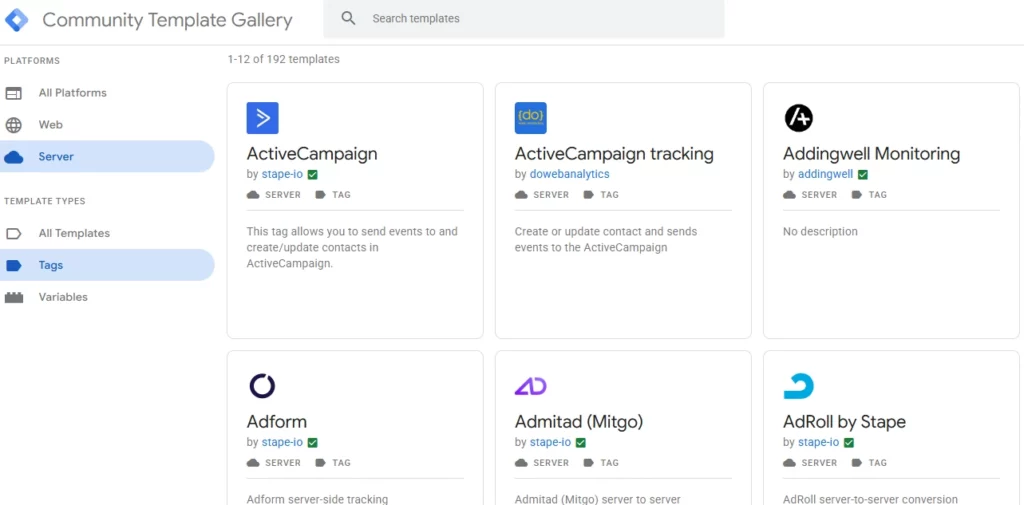 A screenshot of the GTM template gallery.