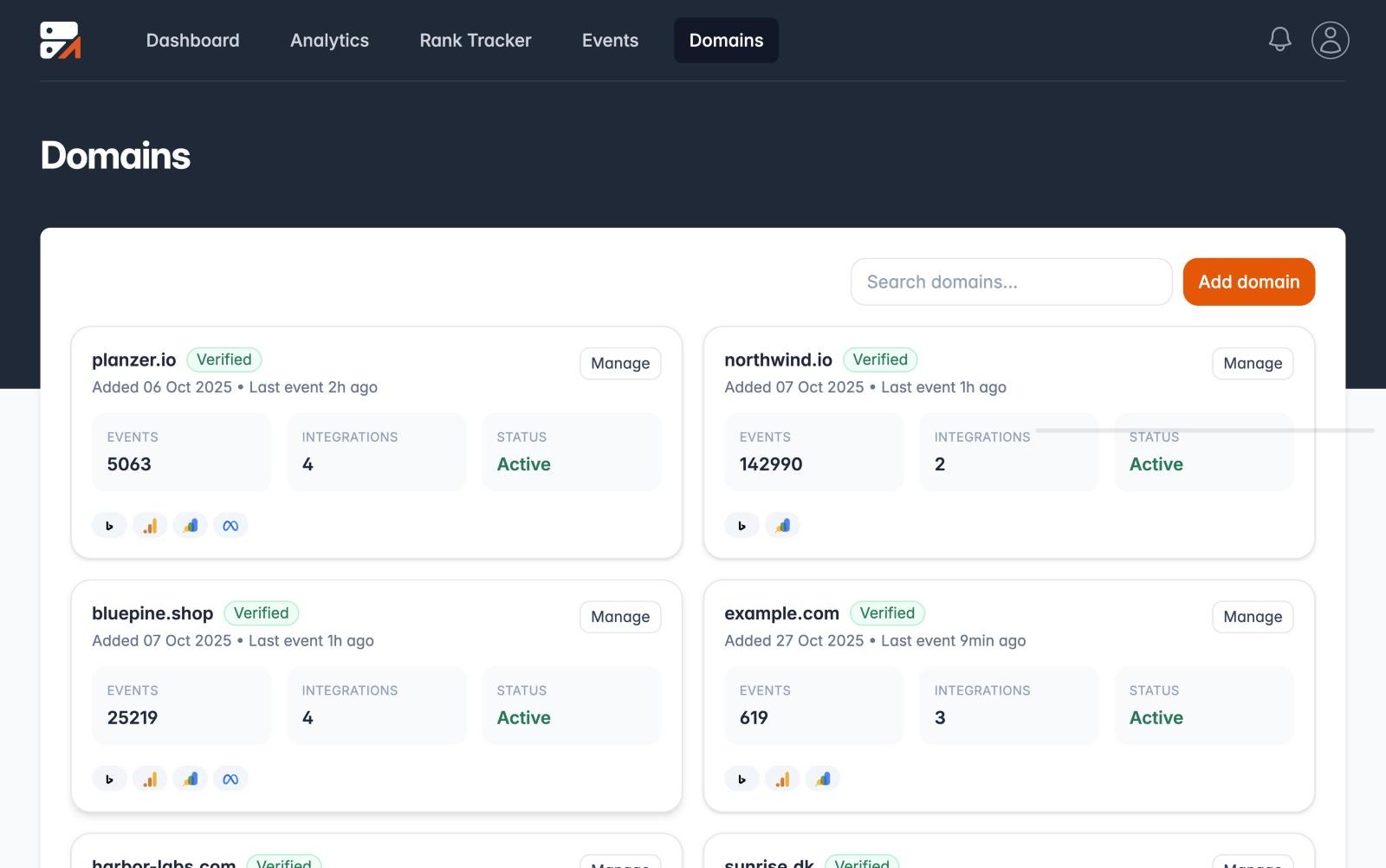 Traculo domains overview showing events and connected integrations per domain