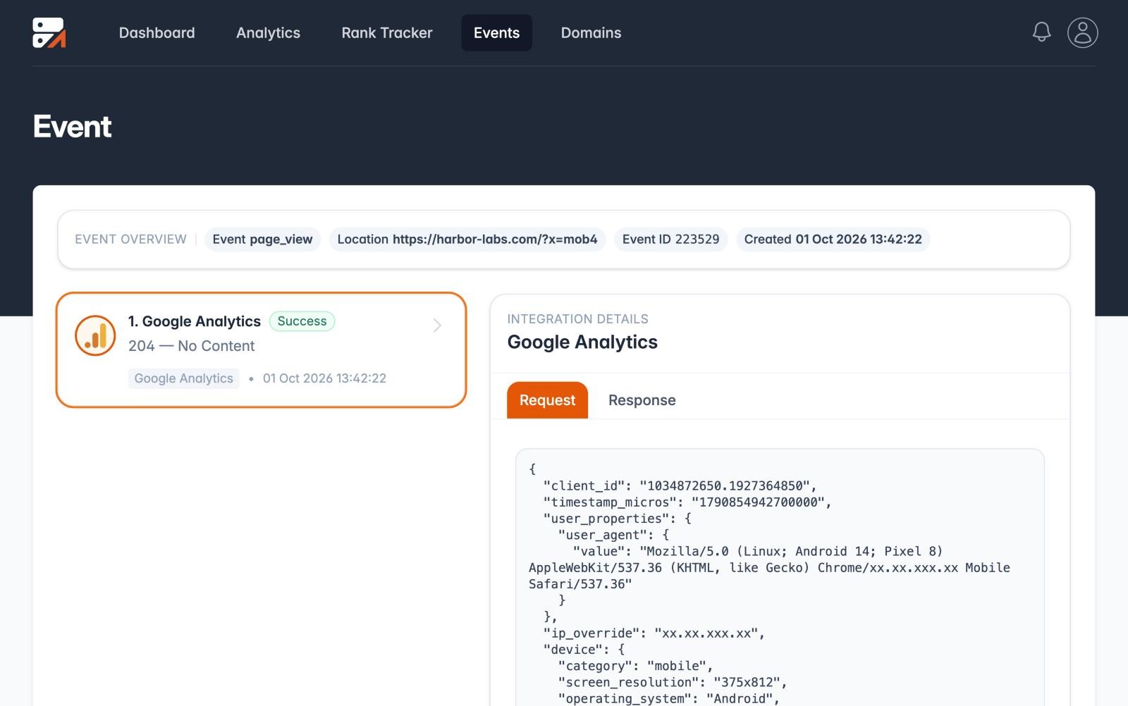 Traculo event detail showing the request sent to Google Analytics and its response