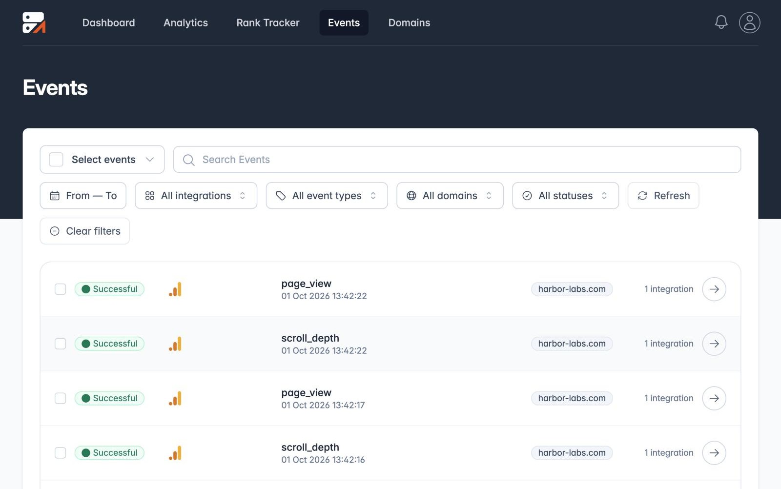 Traculo events list with delivery status and integrations